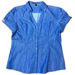 NWOT EXPRESS Editors Short Sleeve Collared Button Up w/Silver Metallic Stripes